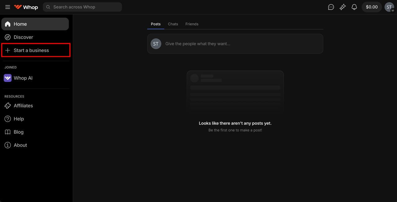 Click Start a business in the sidebar