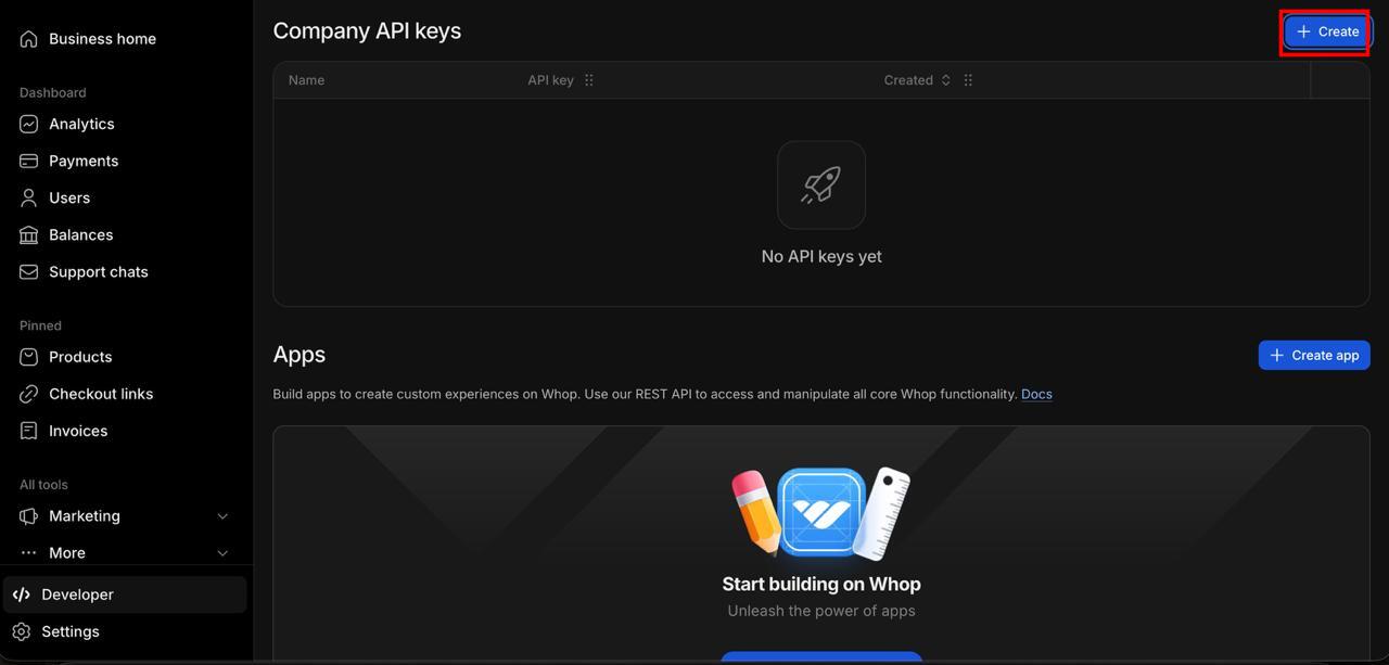 Click Create to make API key