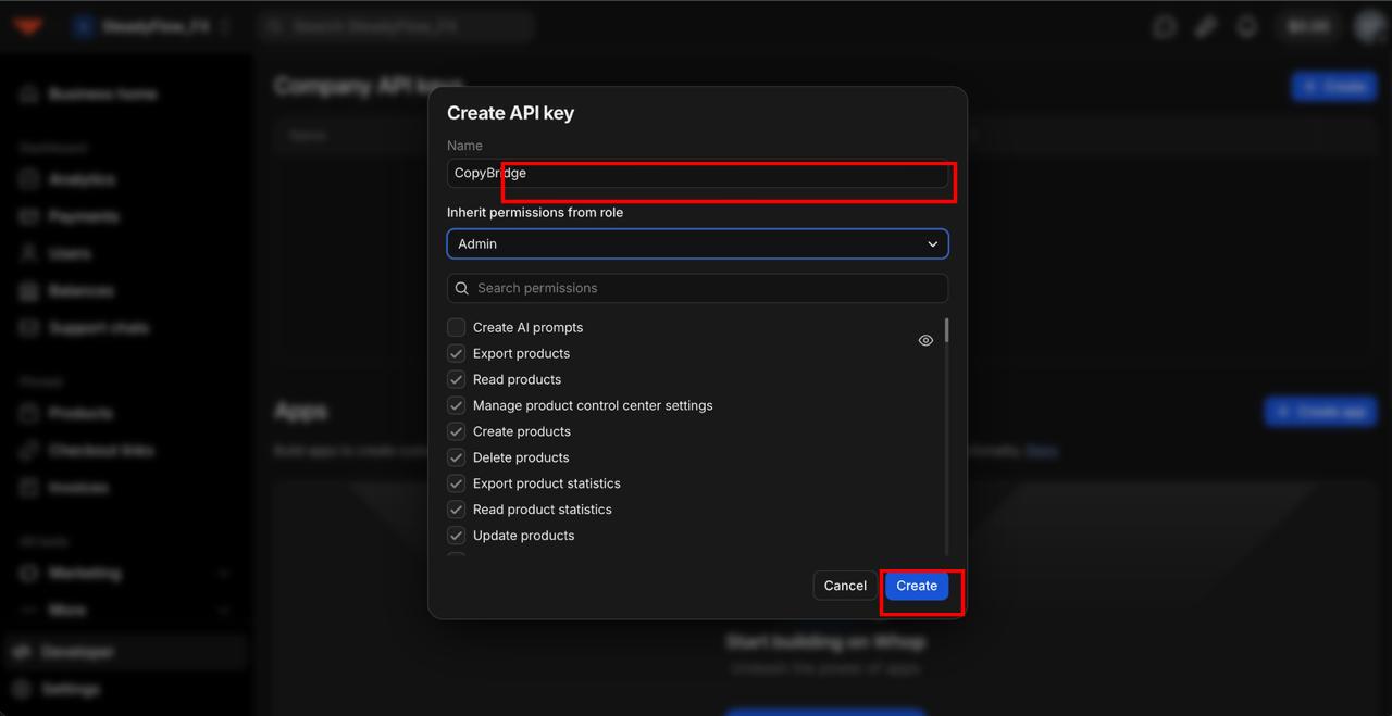 Name CopyBridge and select Admin role